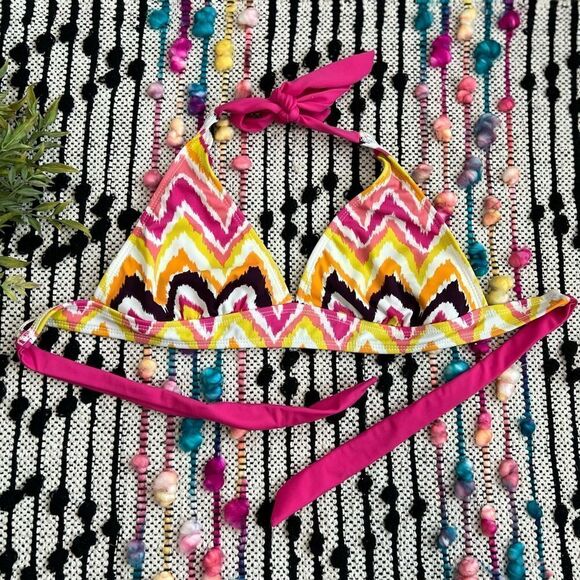 Athleta Pink Yellow Orange Chevron Triangle Bikini Top Sz S See Details - Picture 1 of 8